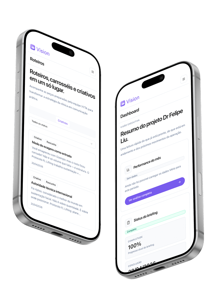 Mockups VYTA Vision: roteiros, carrosséis e dashboard de projeto